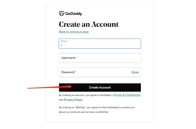 GoDaddy Create an Account form with red arrow pointing to Create Account button