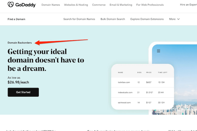 GoDaddy domains backorders homepage