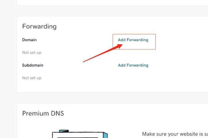 A screenshot of GoDaddy's domain forwarding feature with red arrow pointing to "add forwarding".