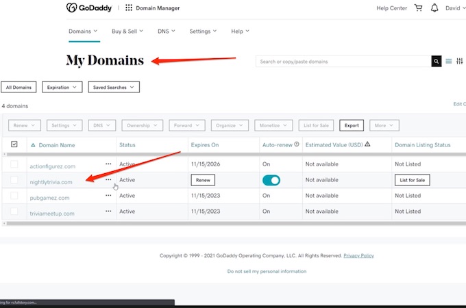 A screenshot of the GoDaddy domain manager dashboard screen with red arrows pointing out "my domains" and example domains owned by the account.