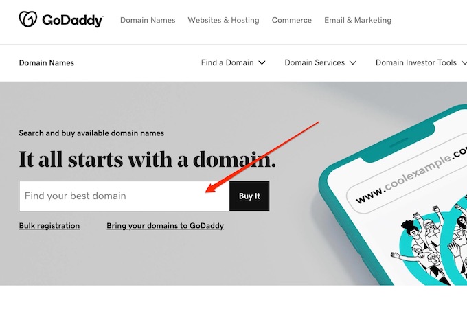 A screenshot of the GoDaddy homepage with a red arrow pointing to the search box.