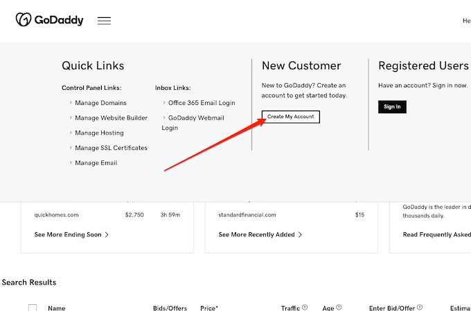 GoDaddy New Customer page with red arrow pointing to Create My Account button
