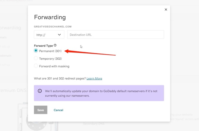 A screenshot of GoDaddy's domain forwarding feature with a red arrow pointing at the forward setting, "permanent (301)". 