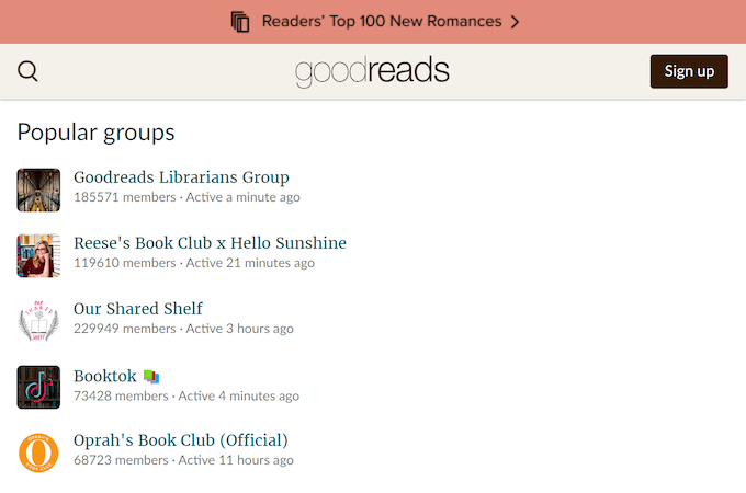 A screenshot from GoodReads discussion board showing popular groups.