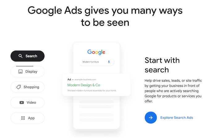 Screenshot of Google Ads landing page featuring search ads