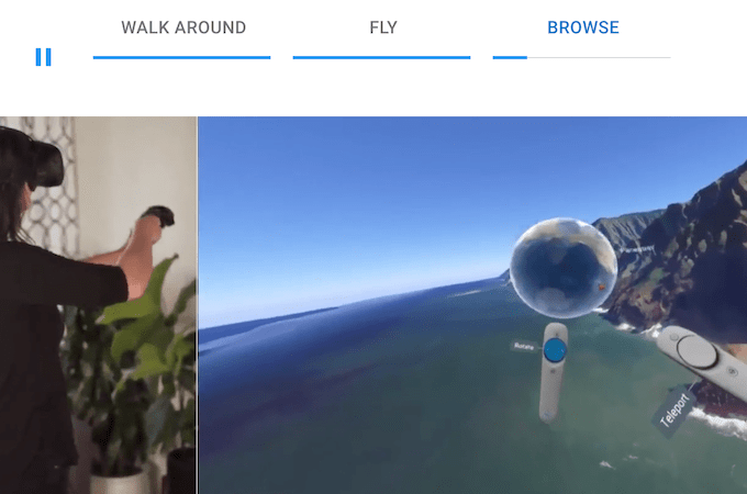 A screenshot showing a woman using a VR headset to fly over the earth in Google Earth VR.