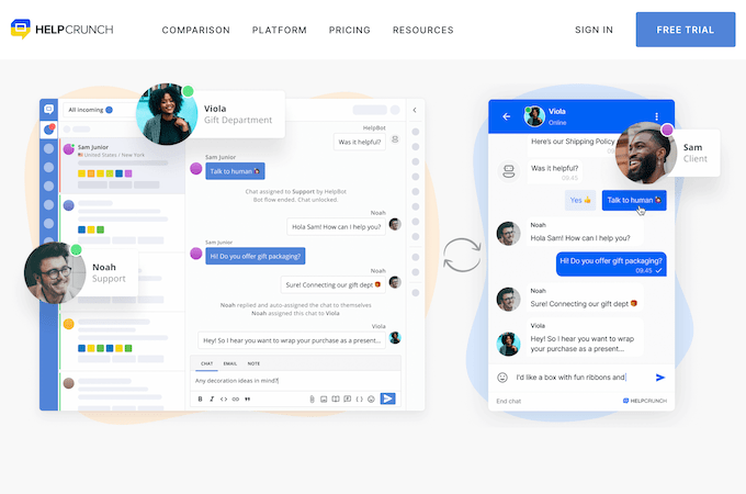 Example of HelpCrunch live chat between customer, customer service, and support