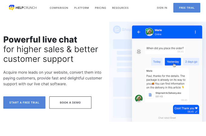 HelpCrunch live chat landing page with header that says "Powerful live chat for higher sales & better customer support" and an example of a live chat with a customer