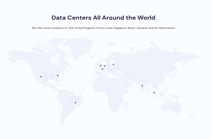 A screenshot of a map showing Hostinger data centers.