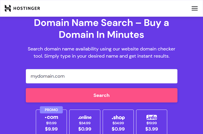 A screenshot of Hostinger's domain name search tool.