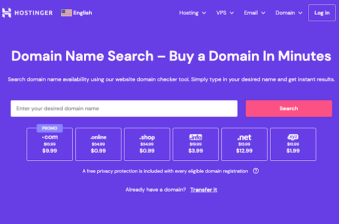 Hostinger domain name search landing page