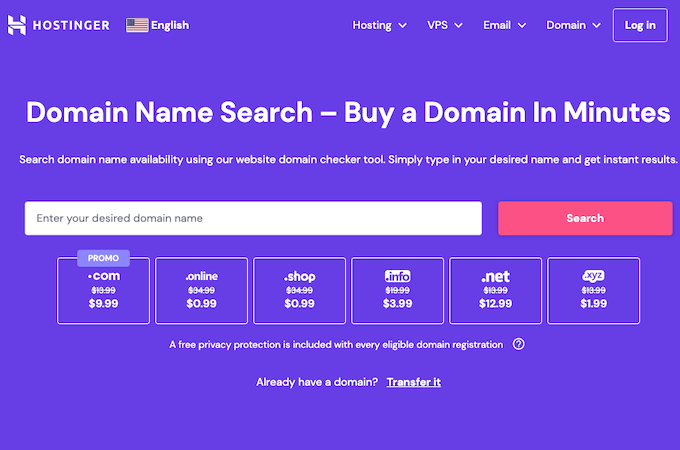 A screenshot of Hostinger's domain name search tool.