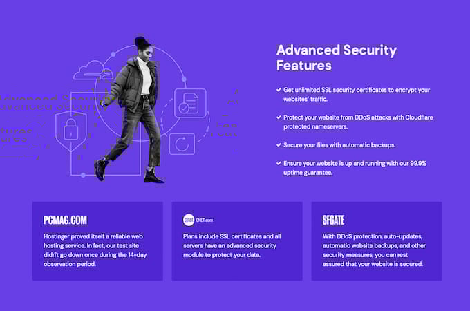 A screenshot from Hostinger's security features web page detailing various security services.