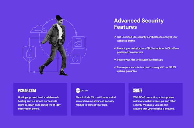 A screenshot from Hostinger's security features web page detailing various security services.