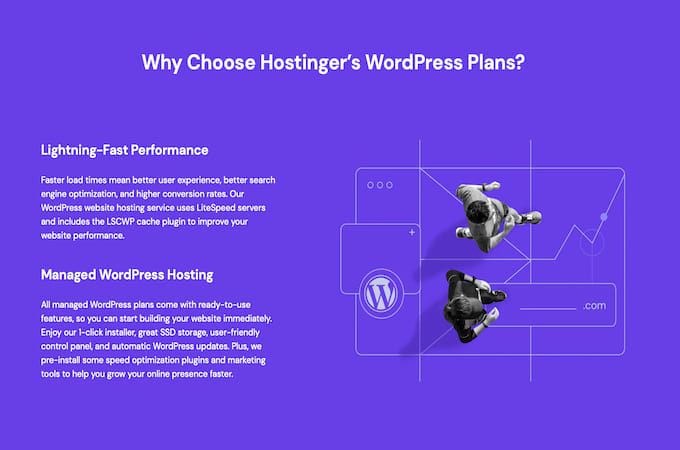 A screenshot of Hostinger explaining why one should choose their WordPress hosting plans.