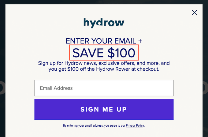 A screenshot of the Hydrow email sign up screen.