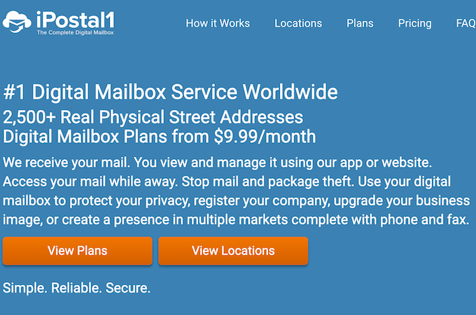 Landing page for iPostal1 with two orange buttons to view plans or view locations.