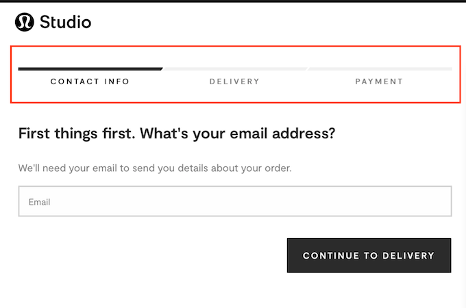 A screenshot of Lululemon contact form with three steps: contact info, delivery, and payment.