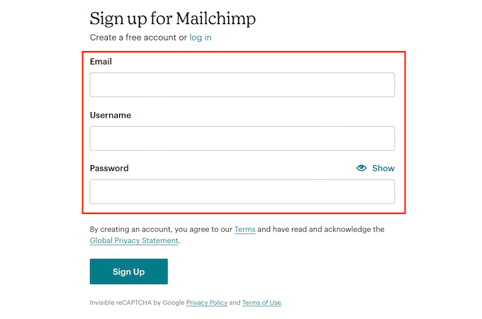 A screenshot of the Mailchimp sign up screen.