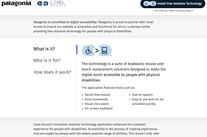 A screenshot of the page explaining Patagonia’s Level Access assistive technology.