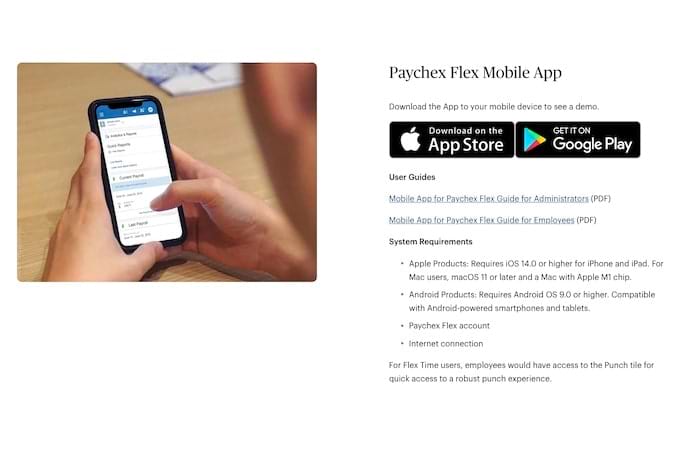 Image of Paychex Flex mobile app on phone held in hands with accompanying text to the right.