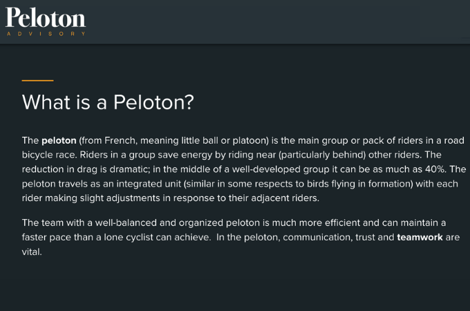 Peloton Advisory page with headline that asks "what is peloton" and a definition below