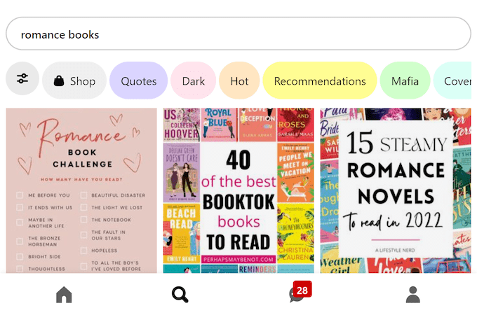 A screenshot from Pinterest with search results for "romance books".