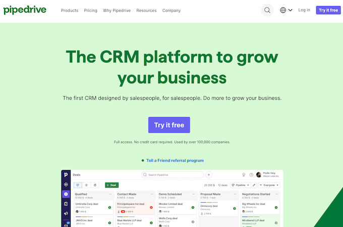 Pipedrive CRM homepage