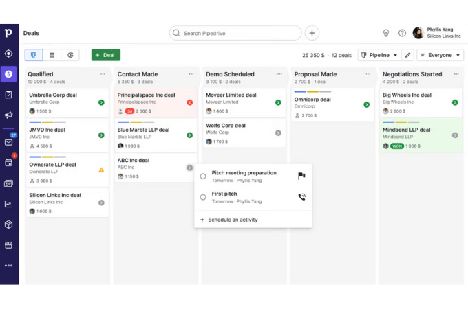 Screenshot of the Pipedrive interface pipeline view