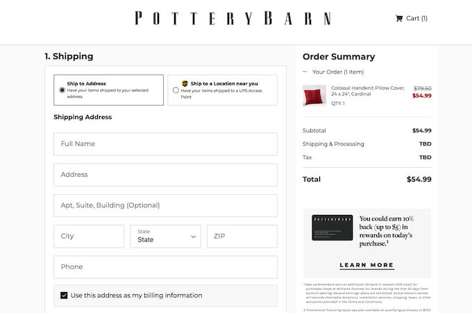 A screenshot of the Pottery Barn checkout screen.