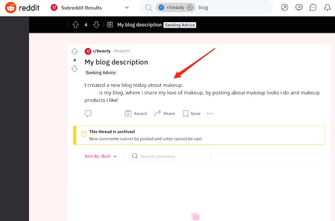 A screenshot of a post advertising a new blog on Reddit.