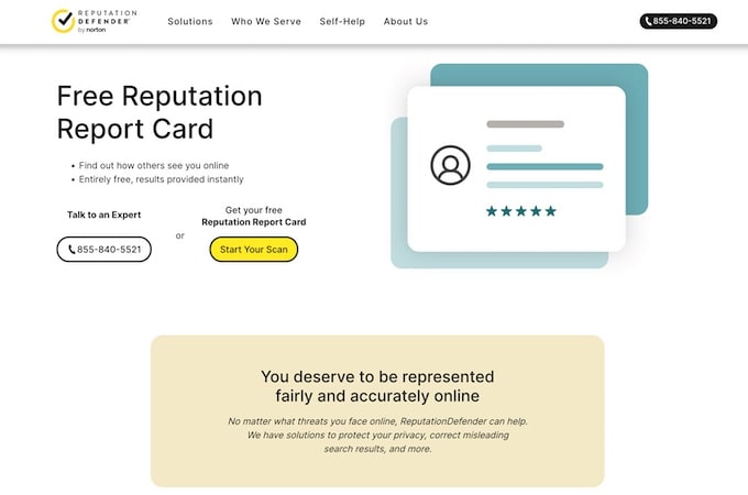 A screenshot of ReputationDefender free reputation report card service.
