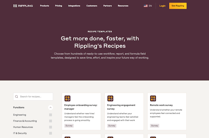 Image of Rippling recipe templates page.