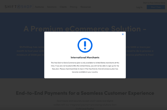 A screenshot from Shift4Shop warning to international merchants notifying them that the ecommerce plan is only available to United States merchants.