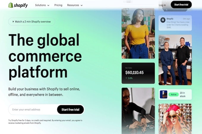 Screenshot of Shopify home page