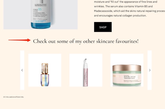 A screenshot of various skin care products with a red arrow pointing to "check out some of my other skincare favourites!"