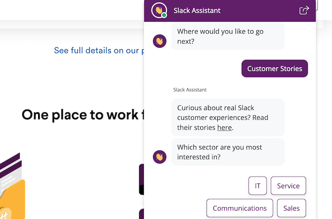 A screenshot showing an interaction with the Slack chatbot.