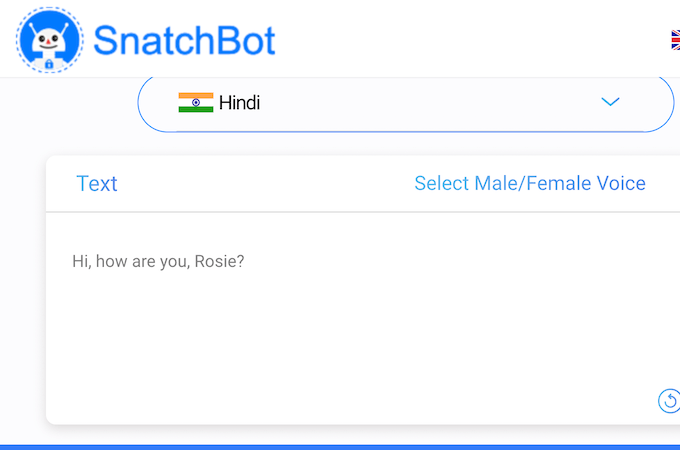 A screenshot showing the SnatchBot chatbot-creating tool with the text “Hi, how are you, Rosie?” inside.