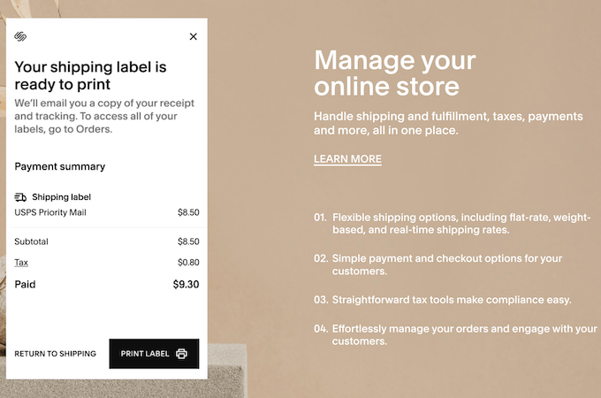 Squarespace ecommerce landing page showing how you can handle shipping and fulfillment, taxes, payments, and more with Squarespace