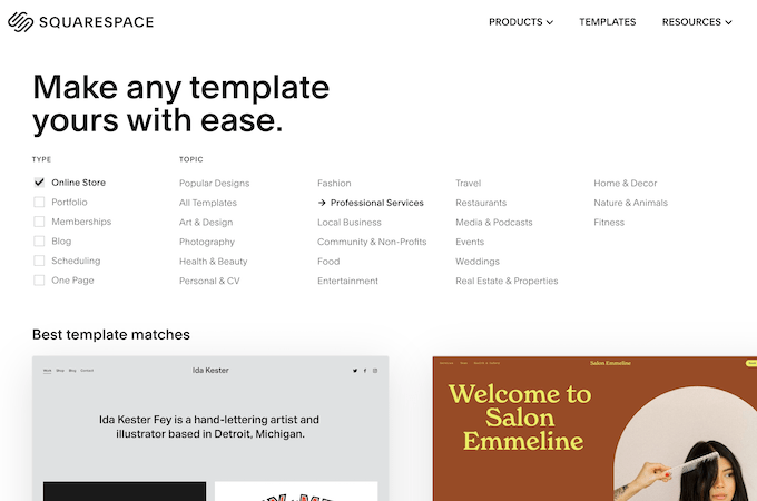 Squarespace templates landing page