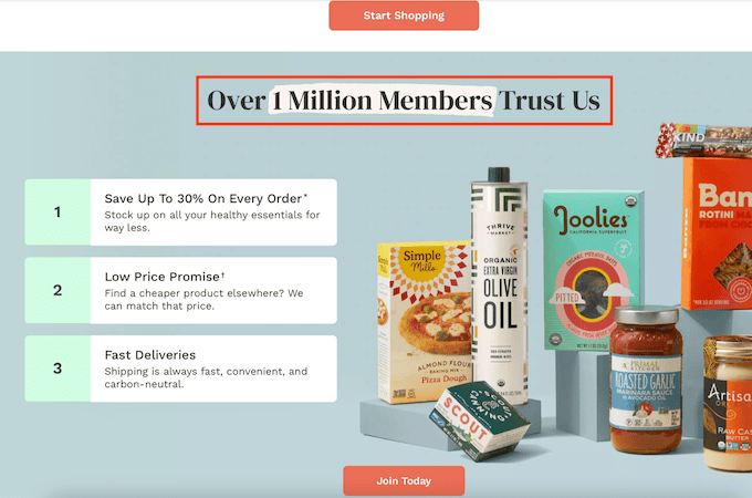 A screenshot of ThriveMarket home page.