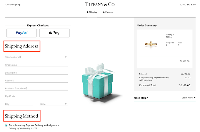 A screenshot of the Tiffany & Co. shipping screen.