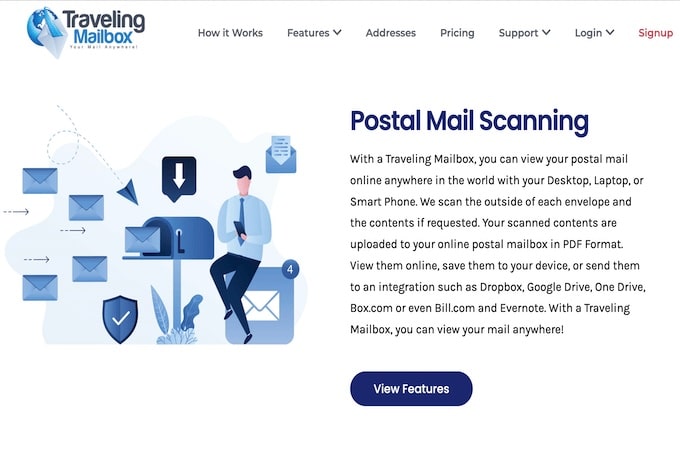 Traveling Mailbox homepage showcasing postal mail scanning services.