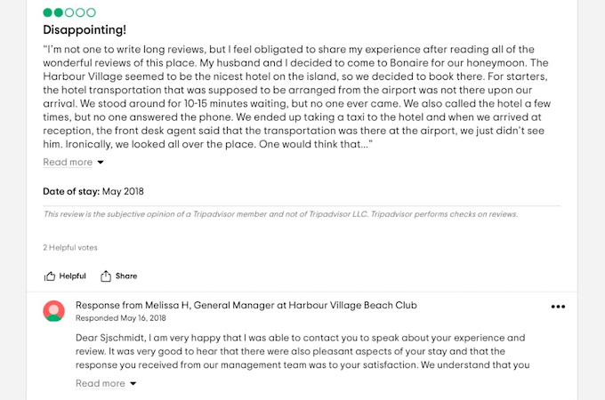 A screensho of a trip advisor negative review for a hotel with a positive response from management