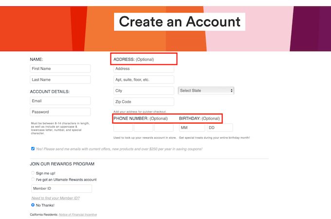 A screenshot of the Ulta account creation screen.