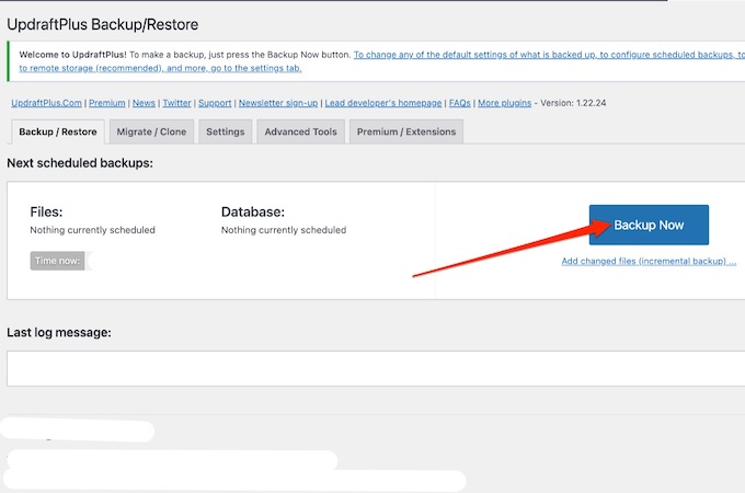 A screenshot of the UpdraftPlus Backup/Restore plugin screen with a red arrow pointing to the backup now button.