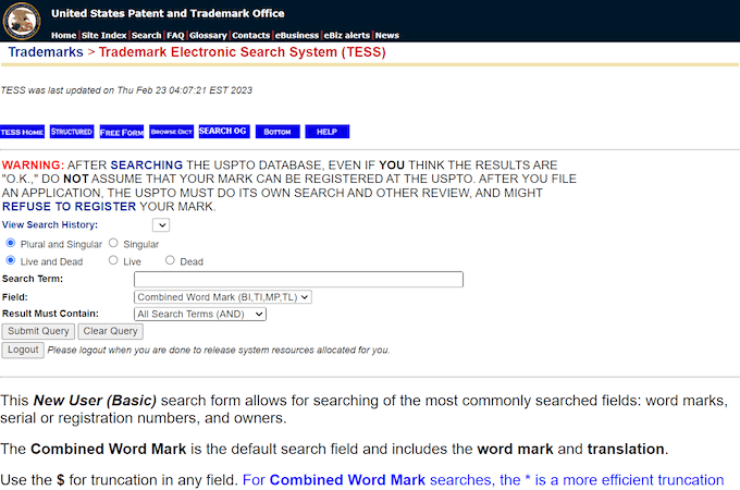 United States Patent and Trademark Office trademark search tool
