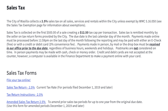 Image from City of Wasilla website explaining the local business sales tax.