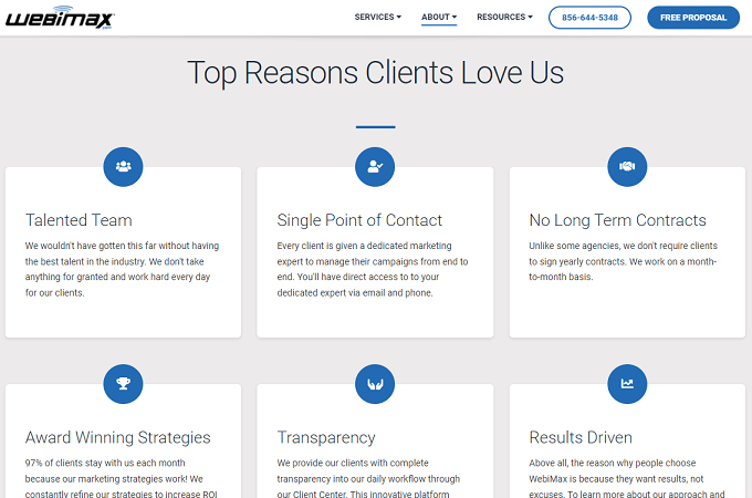 WebiMax webpage showing six reasons clients love WebiMax
