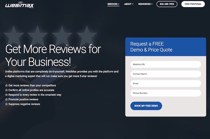 Screenshot of WebiMax landing page to get more reviews.